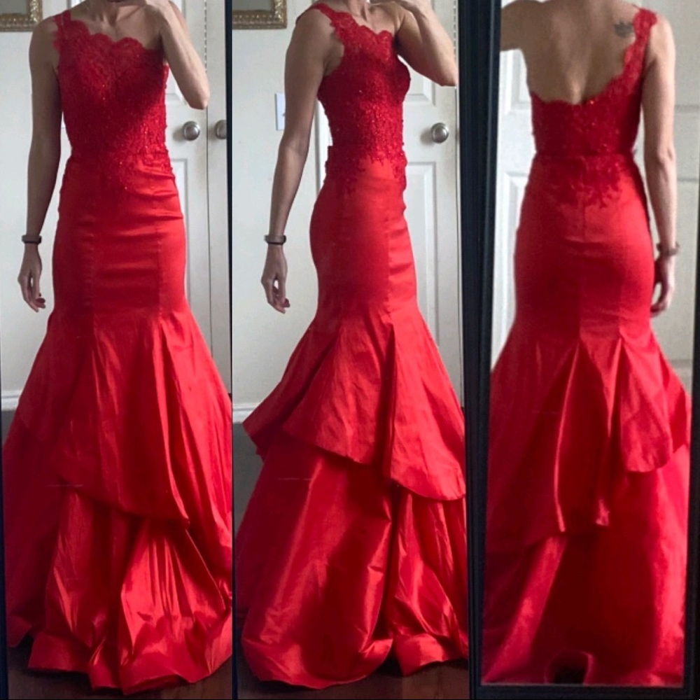 Mori Lee rhinestone beaded lace one shoulder formal prom mermaid dress gown.